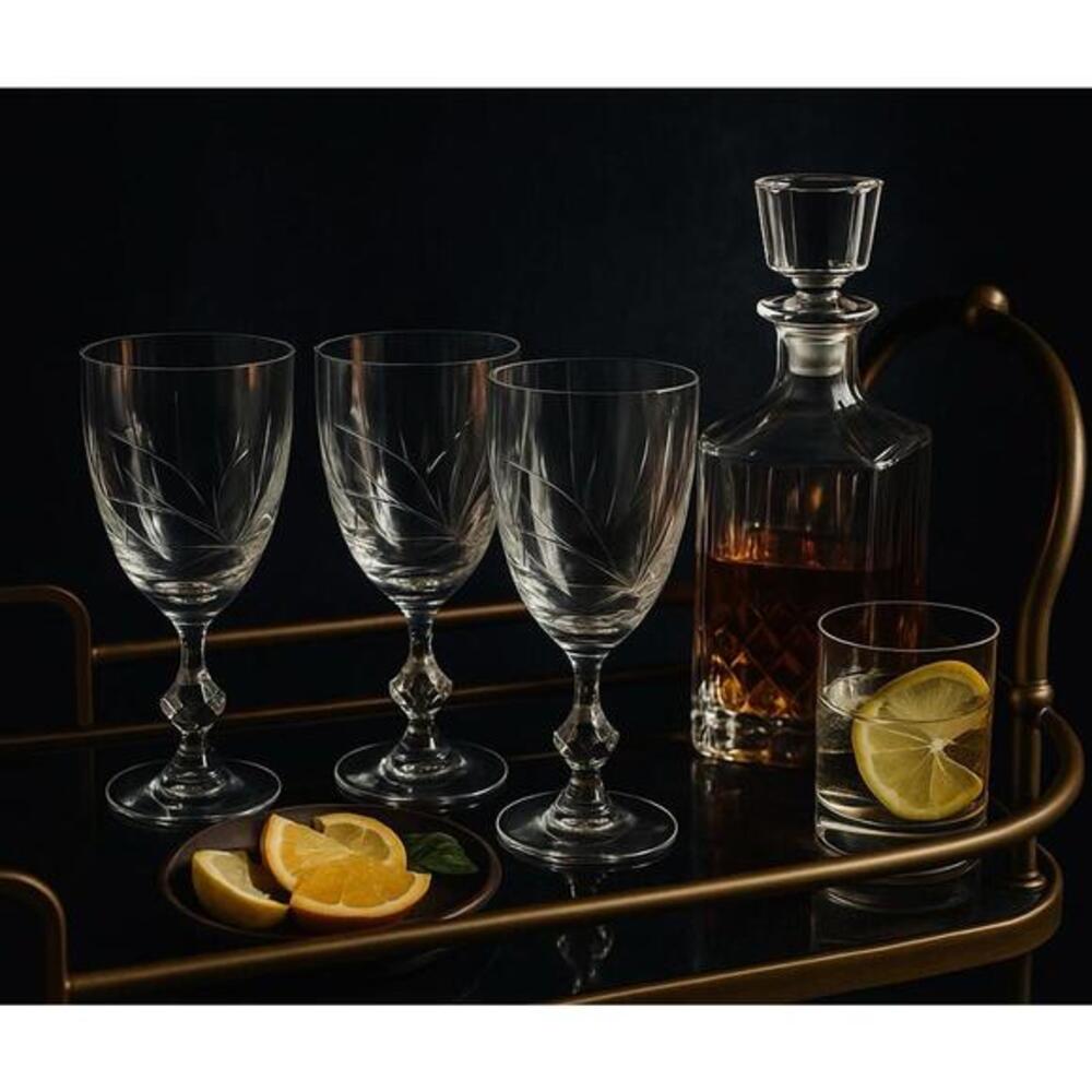Set of 3 Vintage Etched Wine Goblets Clear Glass Elegant Stemware
